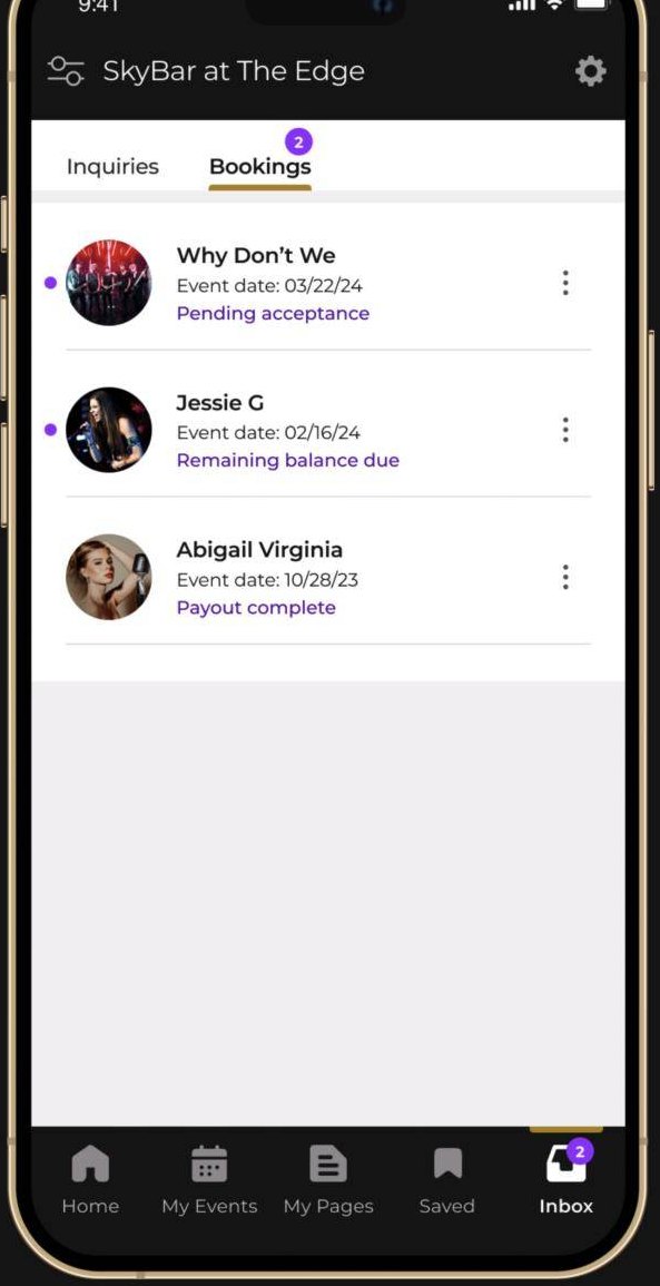 MusicCred venue inbox showing booking statuses