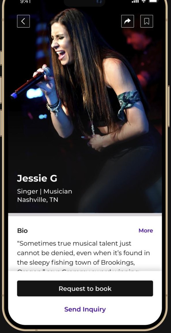 MusicCred artist page for Jessie G with Request to book button
