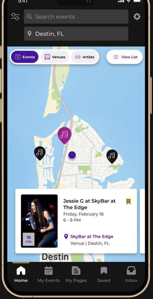 MusicCred Fan View map of live events around Destin, Florida